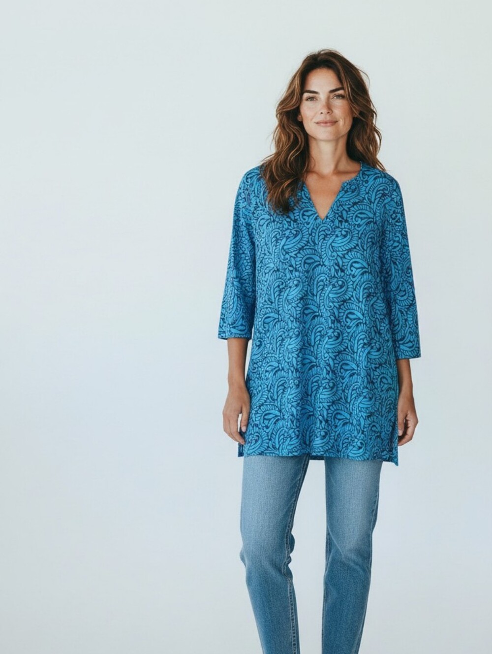 Kiki Sol Aqua/Navy Paisley Cotton Tunic - Size S